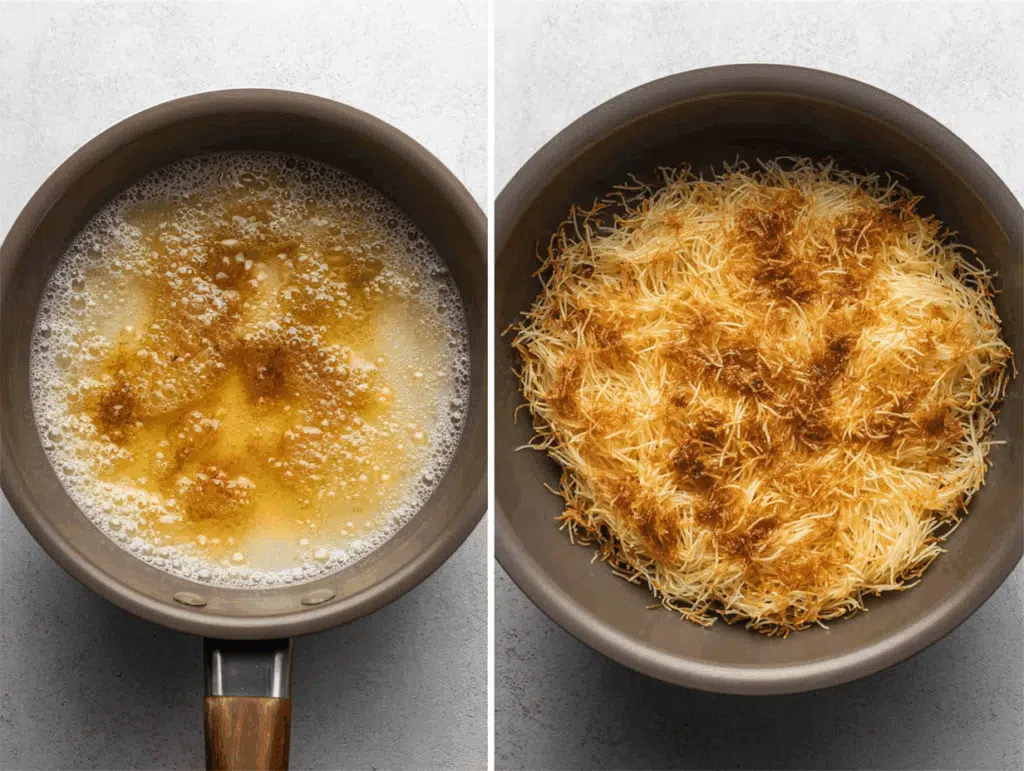 Kataifi dough cooking to golden brown in butter and honey