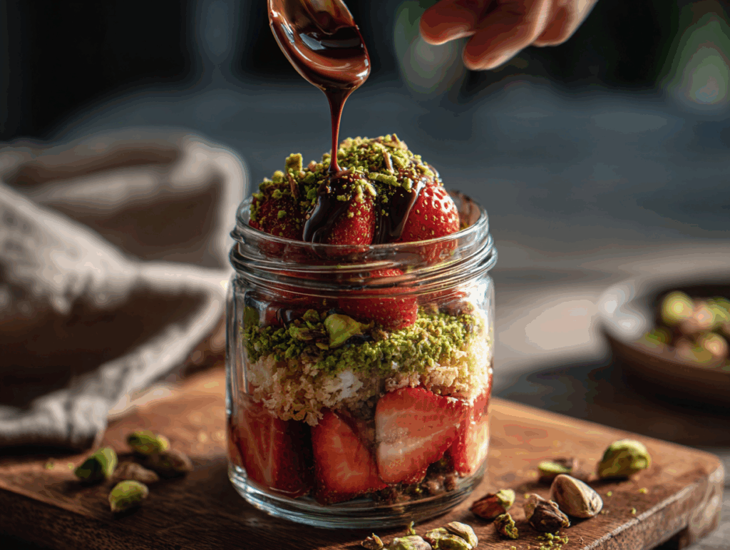 Layering strawberries, chocolate, and pistachio filo in jar