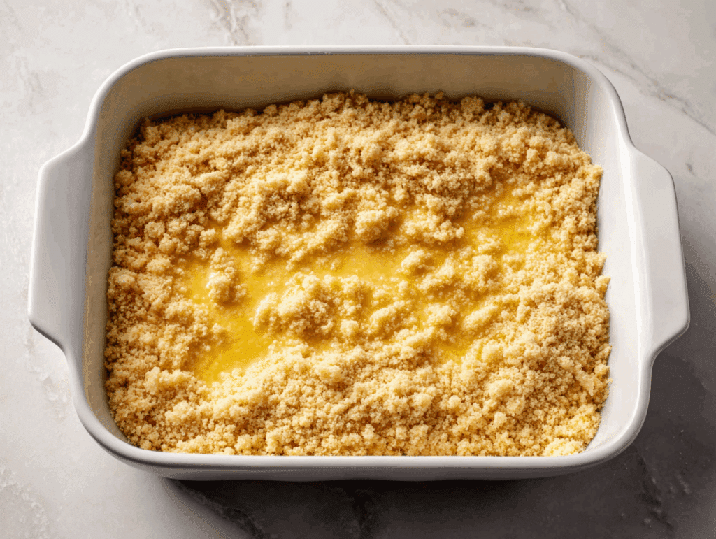 Unbaked dump cake with cake mix and butter