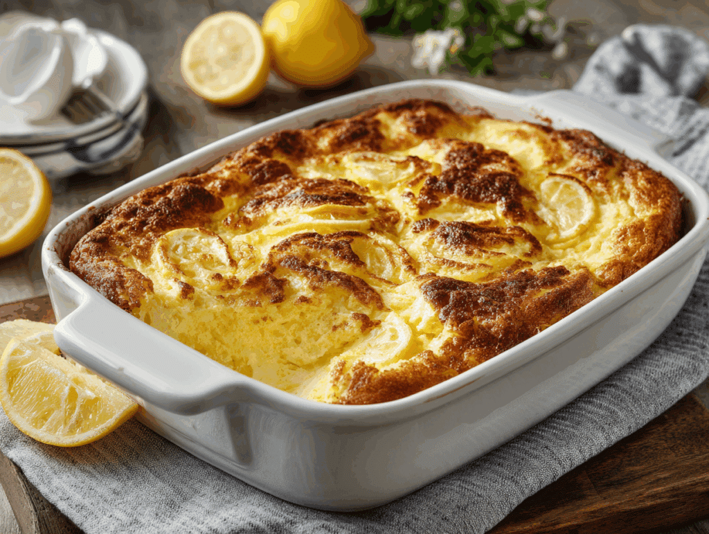 Lemon Cream Cheese Dump Cake Recipe cake in baking dish