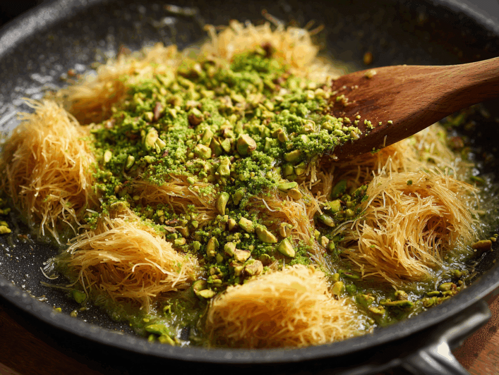 Toasting shredded filo for dessert cups