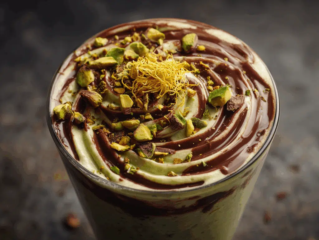 Shake Shack Dubai Chocolate Pistachio Shake in chocolate-lined cup with kataifi topping