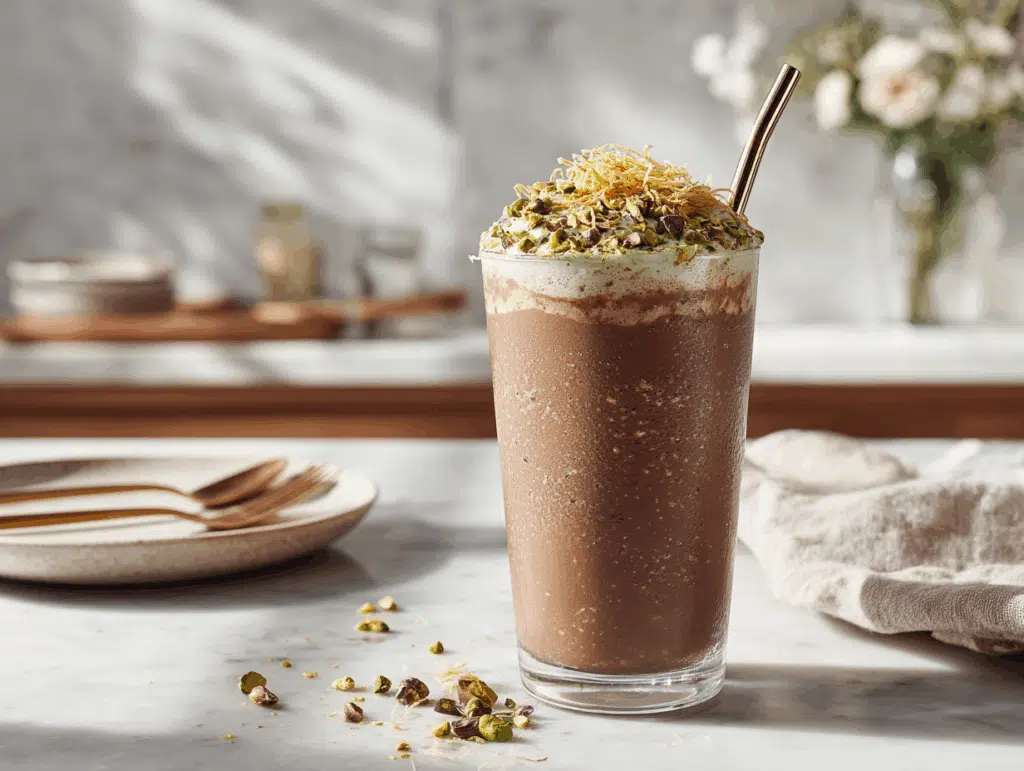 Finished chocolate pistachio shake with kataifi topping