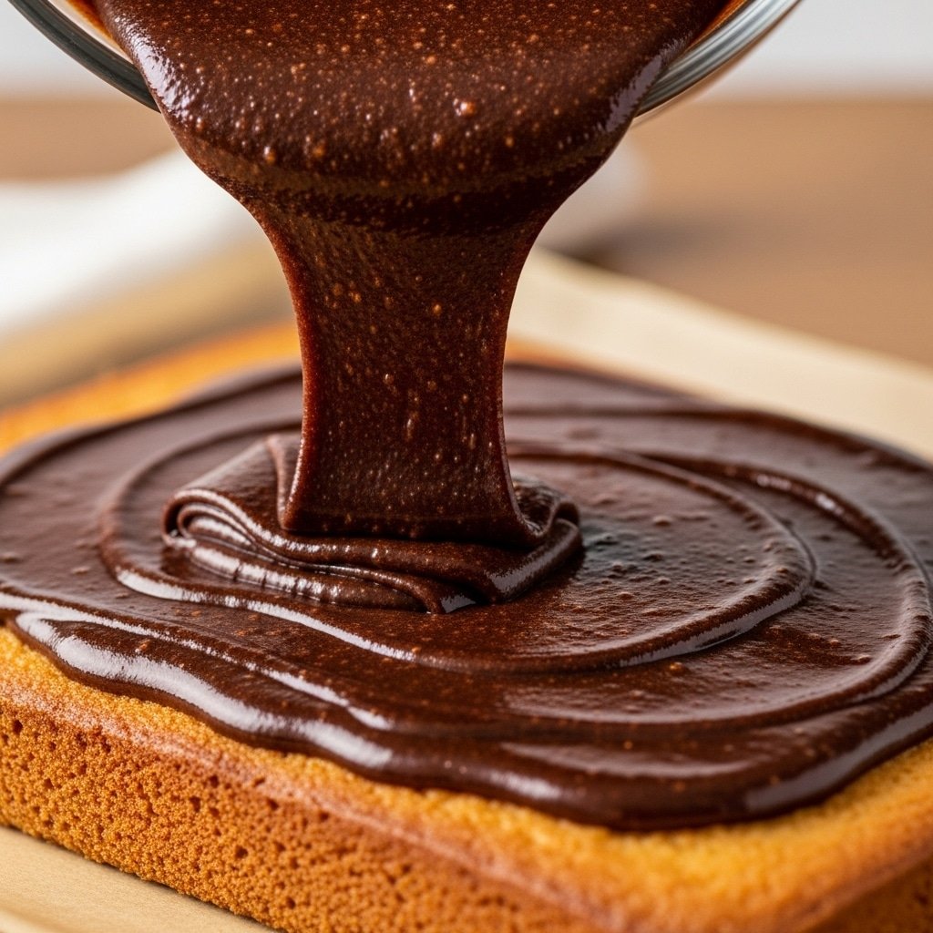 Pouring Chocolate Frosting on Keto Sheet Cake