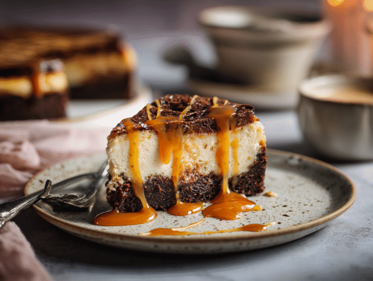 caramel brownie cheesecake slice with caramel drizzle