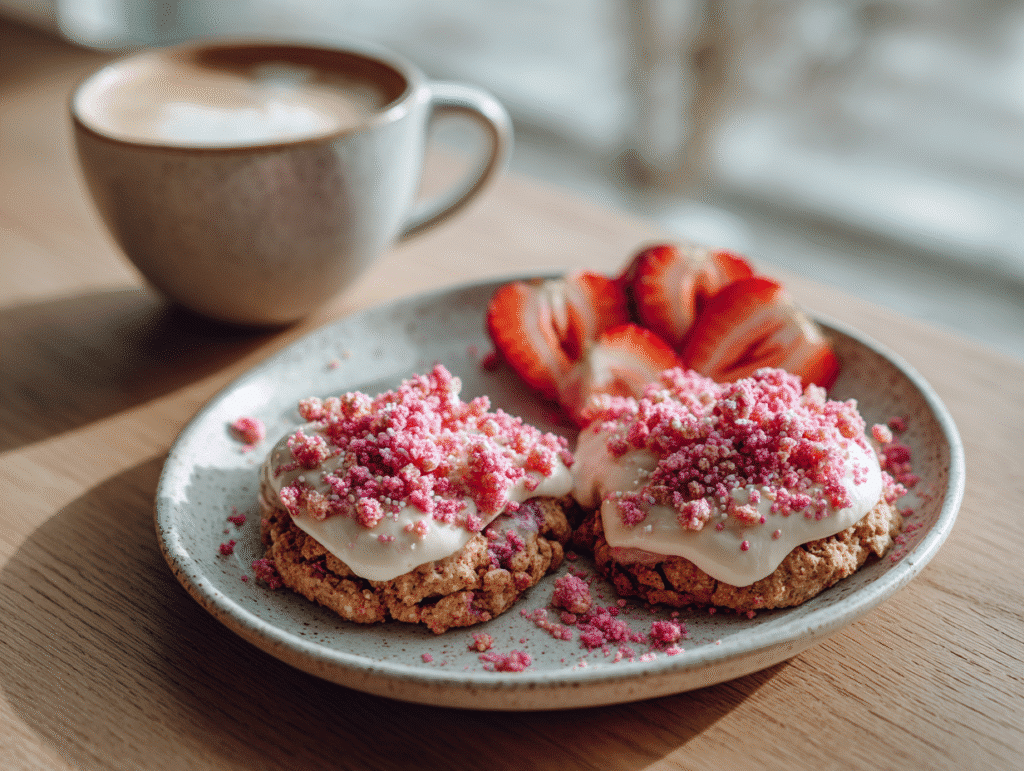 Strawberry Crunch Cookies served with cream cheese frosting and coffee