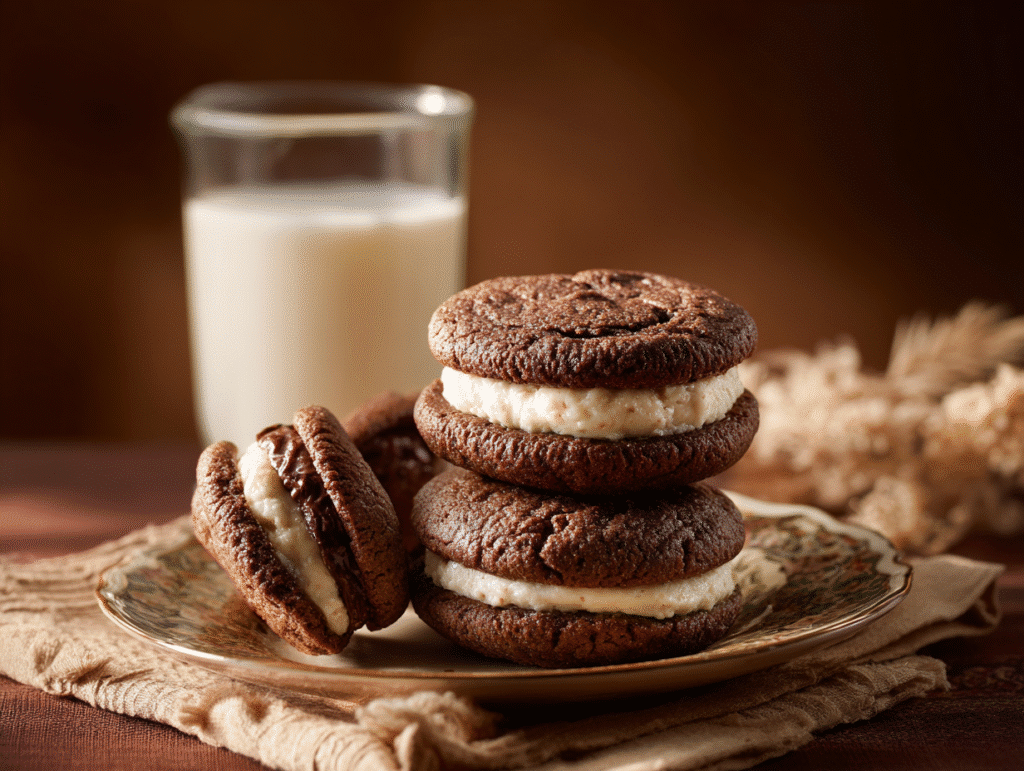 Brownie cookie sandwiches served with milk