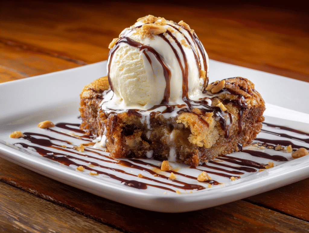 Peanut butter dump cake with vanilla ice cream