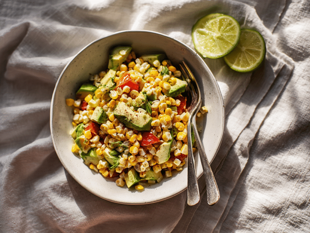 Plated corn avocado salad with lime