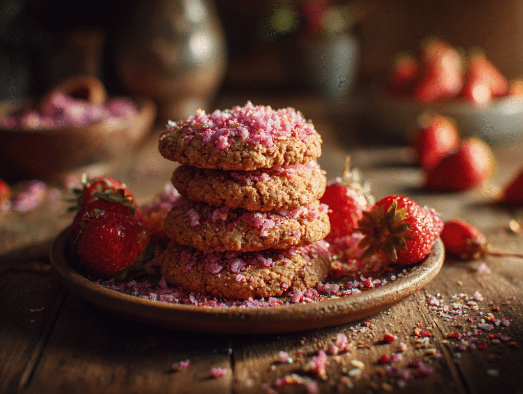Strawberry Crunch Cookies stacked with strawberry crumble topping