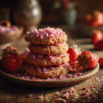 Strawberry Crunch Cookies stacked with strawberry crumble topping