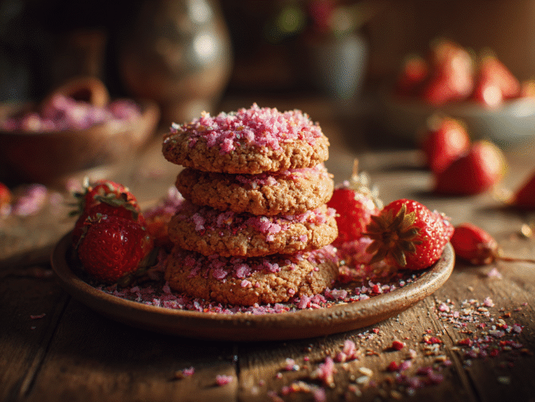 Strawberry Crunch Cookies stacked with strawberry crumble topping
