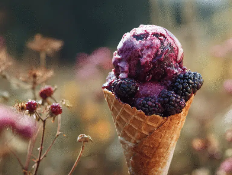 Homemade black raspberry ice cream in waffle cone