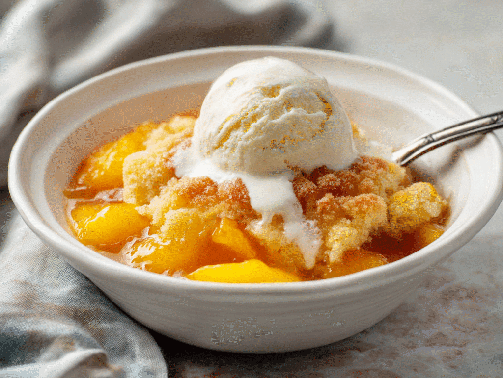 Peach cobbler served with vanilla ice cream