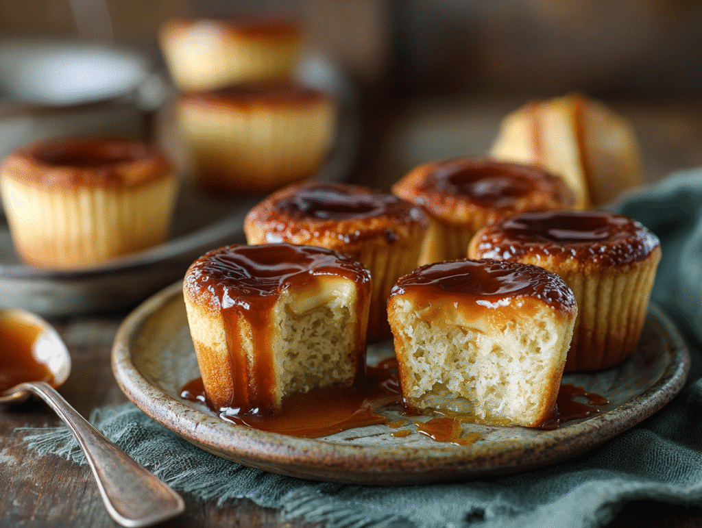 Velvety caramel flan muffins with caramel glaze