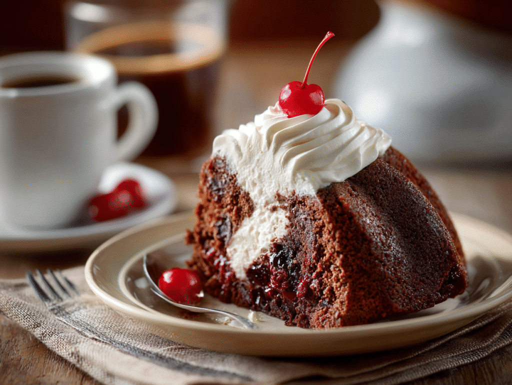 Slice of Black Forest Bundt Cake with whipped cream and cherry