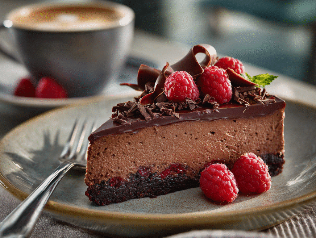 Slice of chocolate raspberry cheesecake with fork