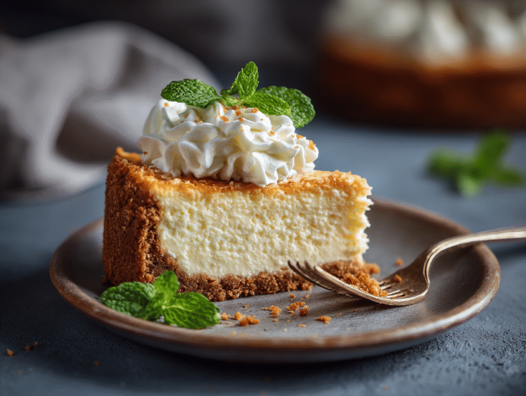 Served slice of keto coconut cheesecake with garnish