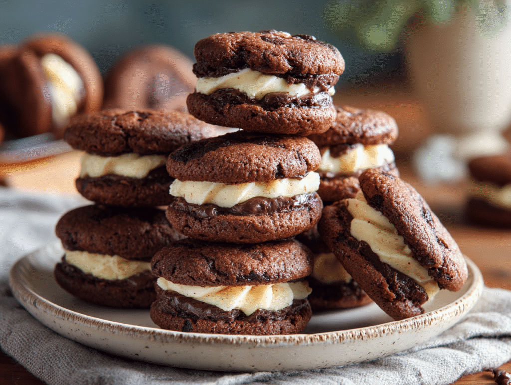Brownie cookie dough sandwich cookies stacked on plate