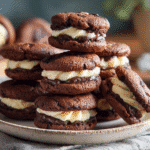 Brownie cookie dough sandwich cookies stacked on plate