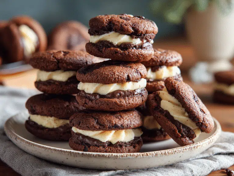 Brownie cookie dough sandwich cookies stacked on plate