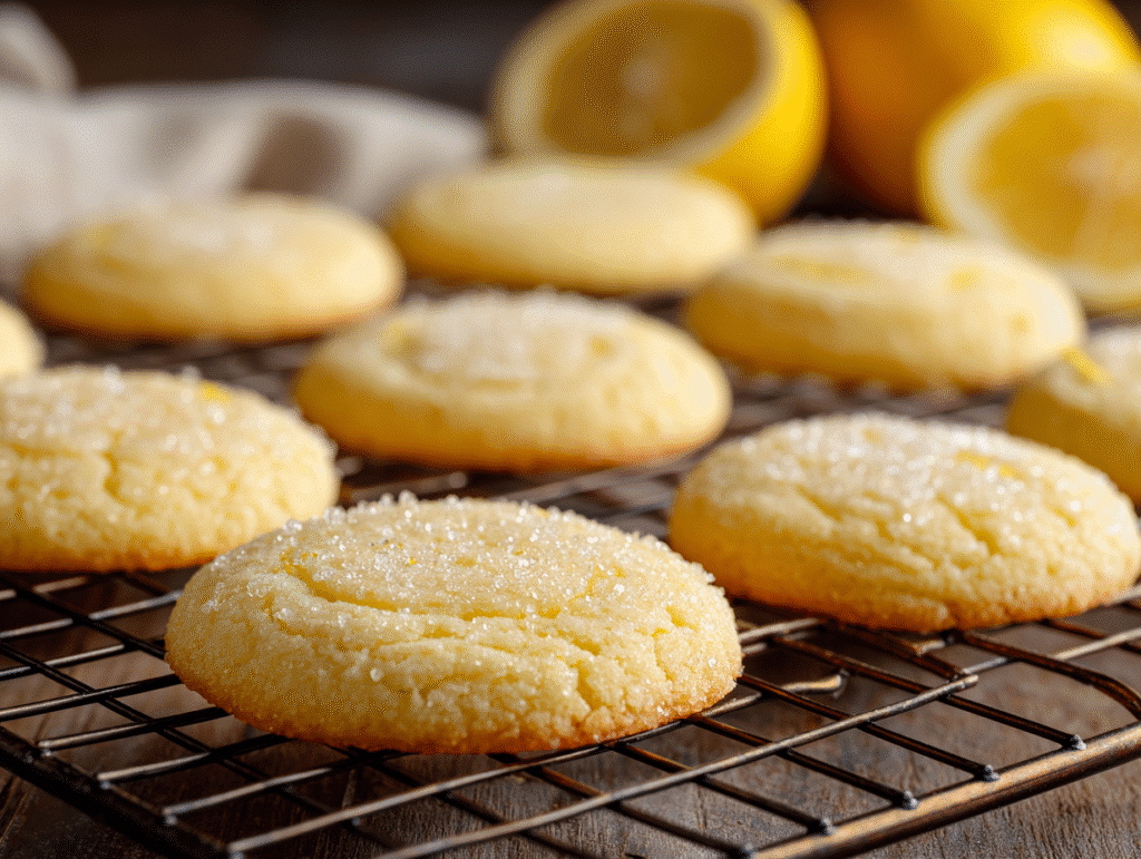 Baked lemon sugar cookies on cooling rack