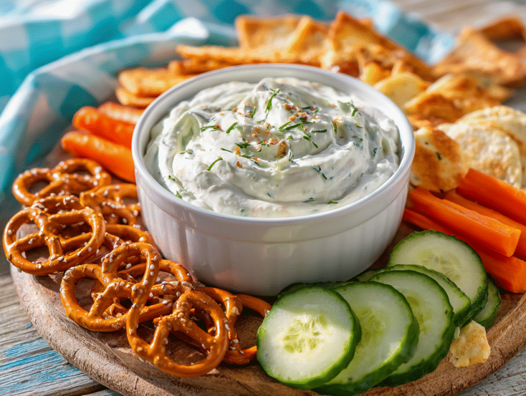 Skinny dip served with veggies and chips outdoors