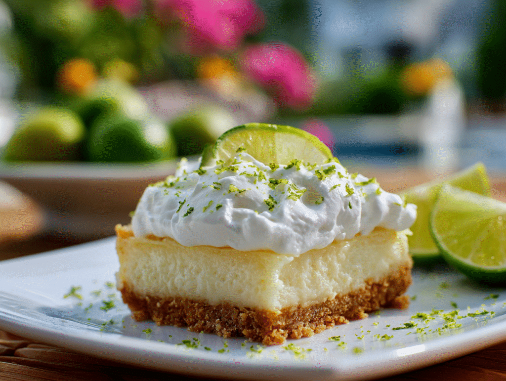 Served slice of key lime pie bar