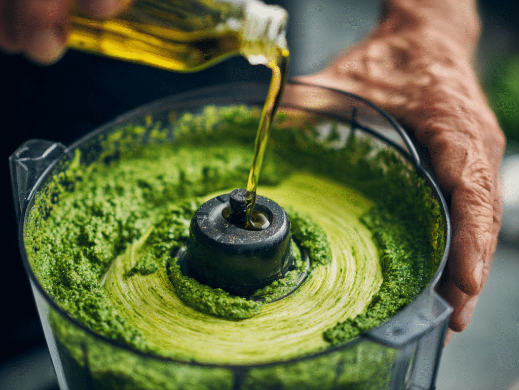Blending garlic scape pesto in a food processor