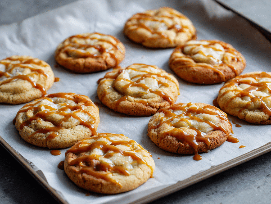 Baked caramel cheesecake cookies cooling on tray