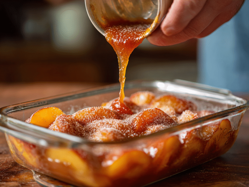 Pouring peach filling into baking dish