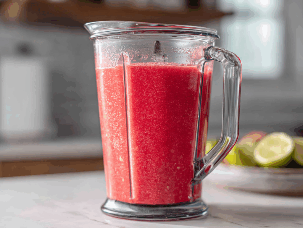 Blender full of fresh watermelon puree with lime and honey