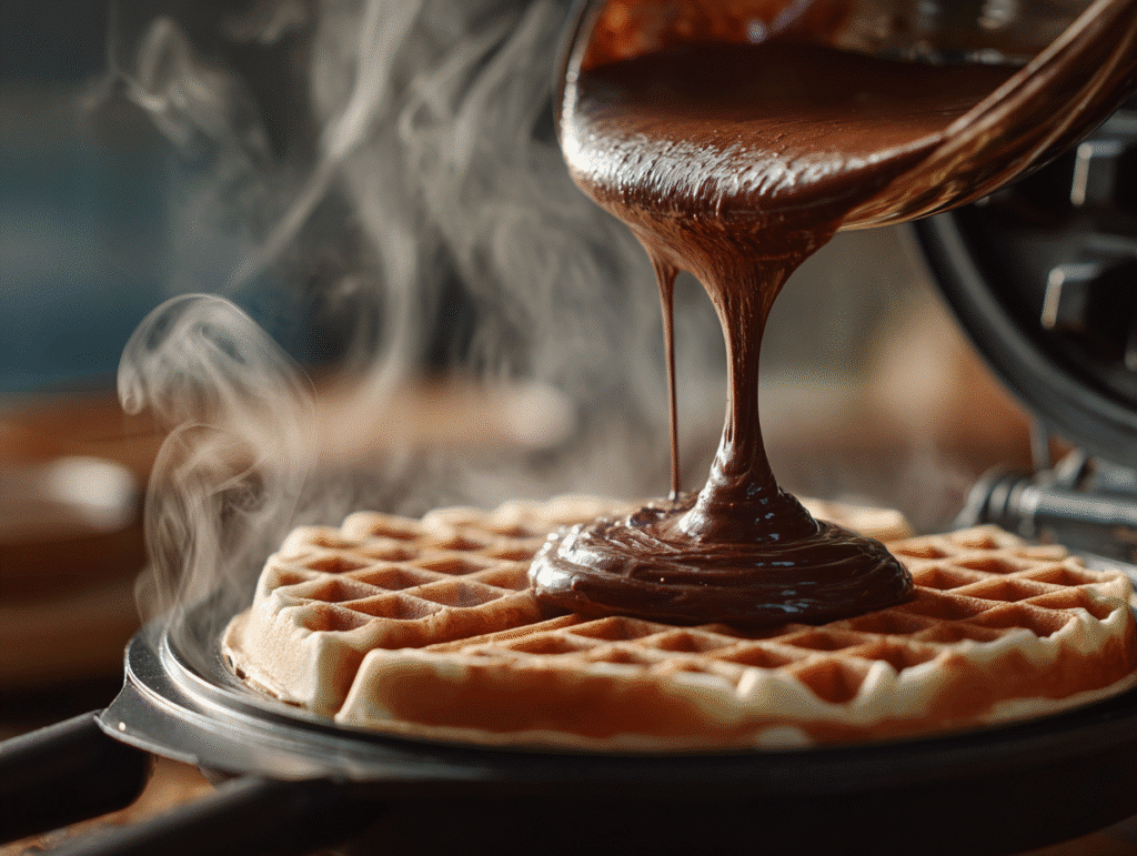 Pouring brownie batter into waffle iron