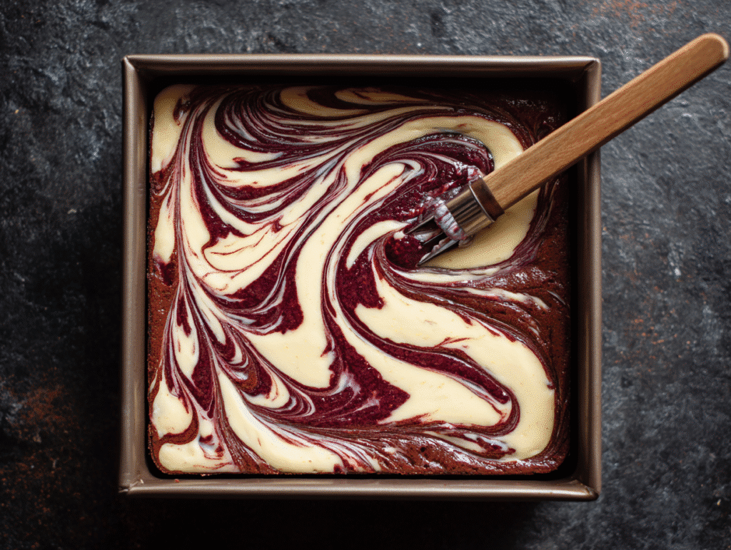 Swirling blackberry cheesecake mixture into brownie batter