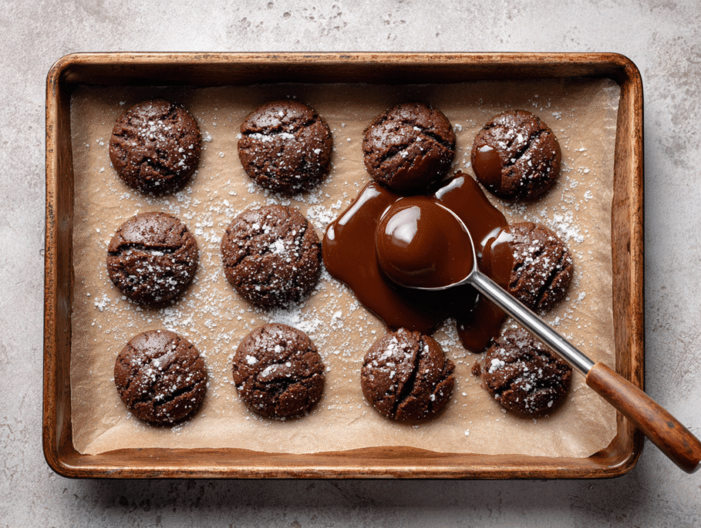 Scooping brownie batter onto tray