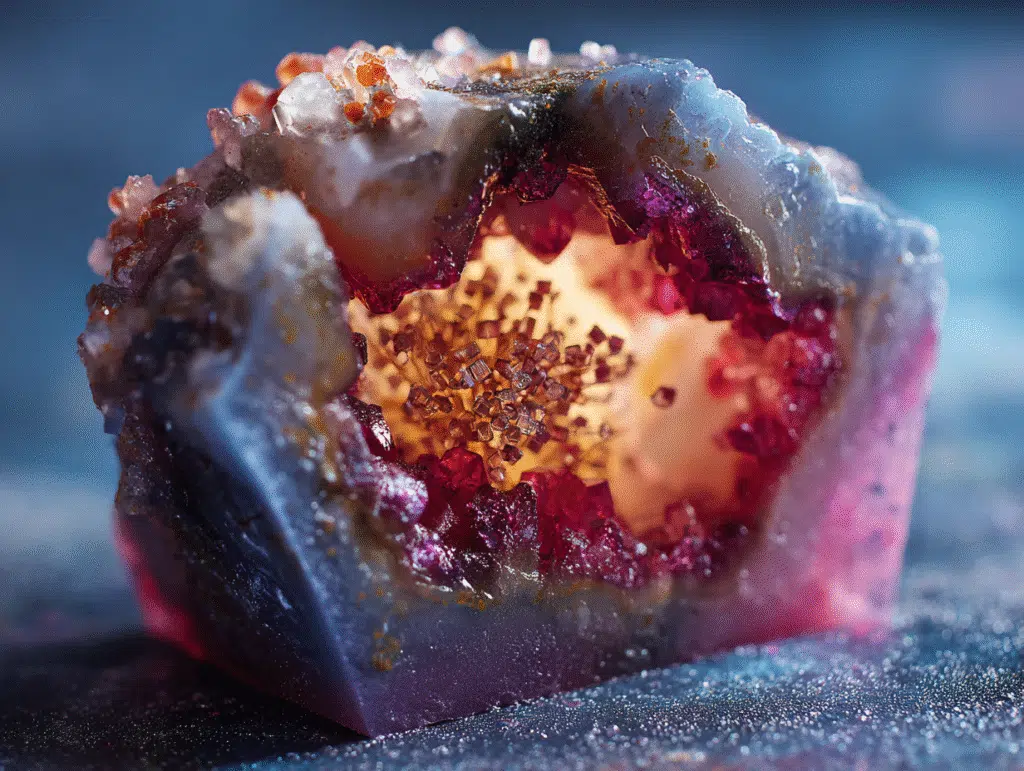 Sugar crystals forming in candy geode mold