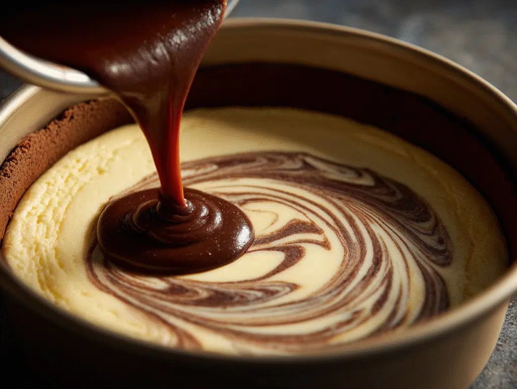 Espresso cheesecake batter being poured into crust