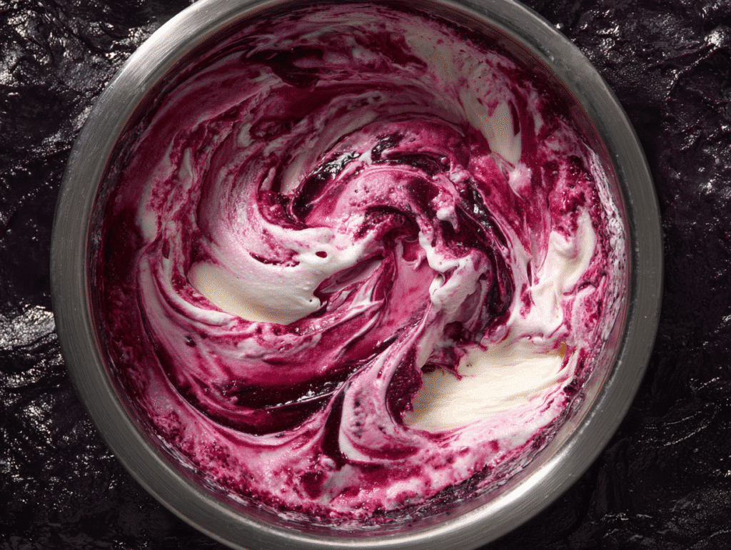 Black raspberry puree being mixed into ice cream