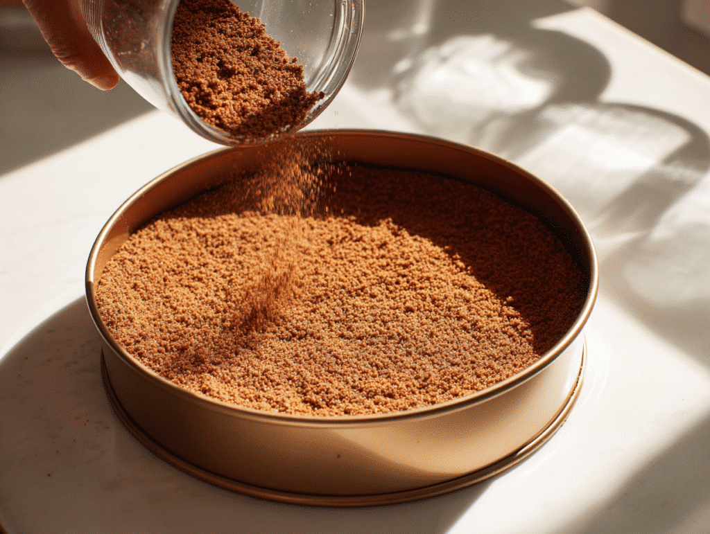 Pressing cocoa crust into cheesecake pan