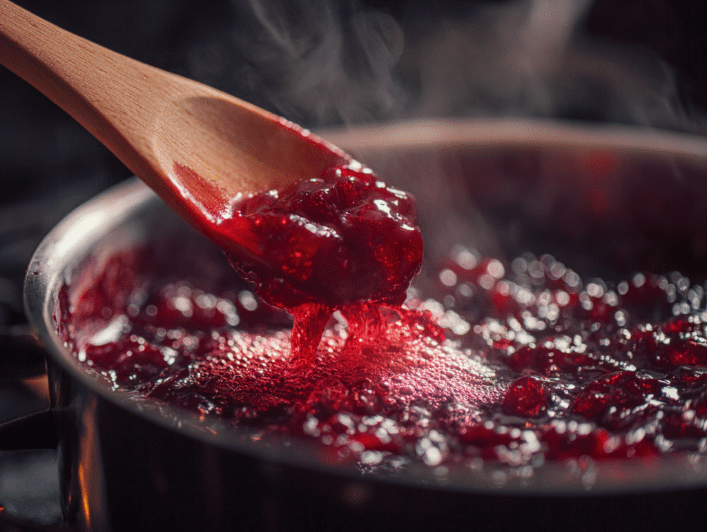 Bubbling small batch sour cherry jam on stove