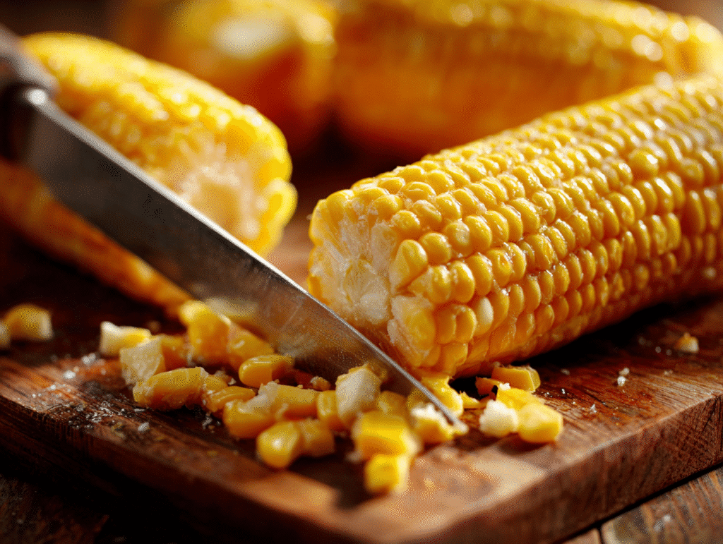 cutting fresh corn off the cob
