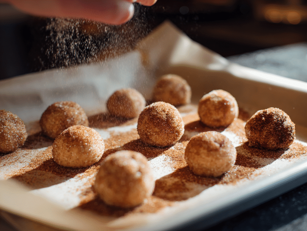 Rolling pumpkin snickerdoodle dough in cinnamon sugar