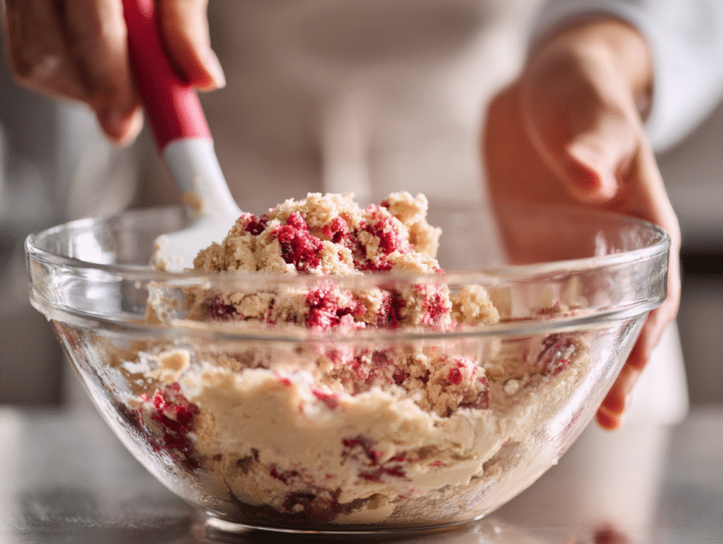 Strawberry cookie dough being folded with freeze-dried strawberries