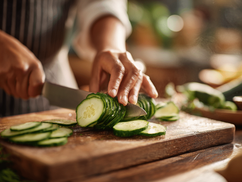 slicing cucumber for caprese salad