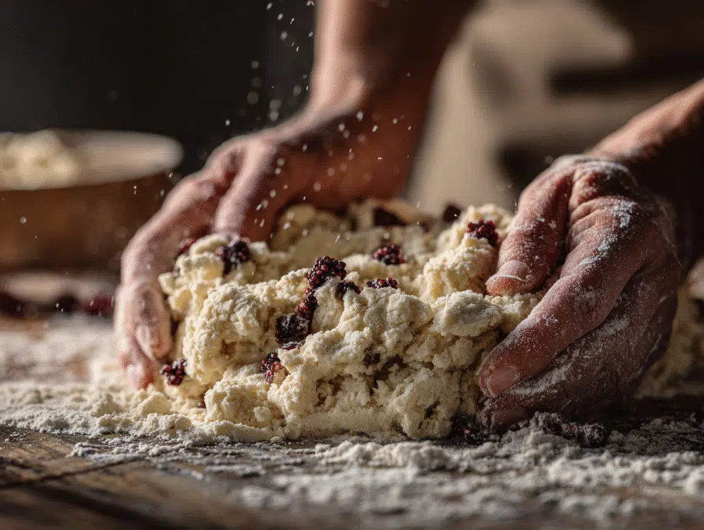 Folding black raspberries into shortbread dough
