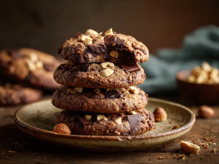 Chocolate Hazelnut Crunch Cookies stacked on a plate