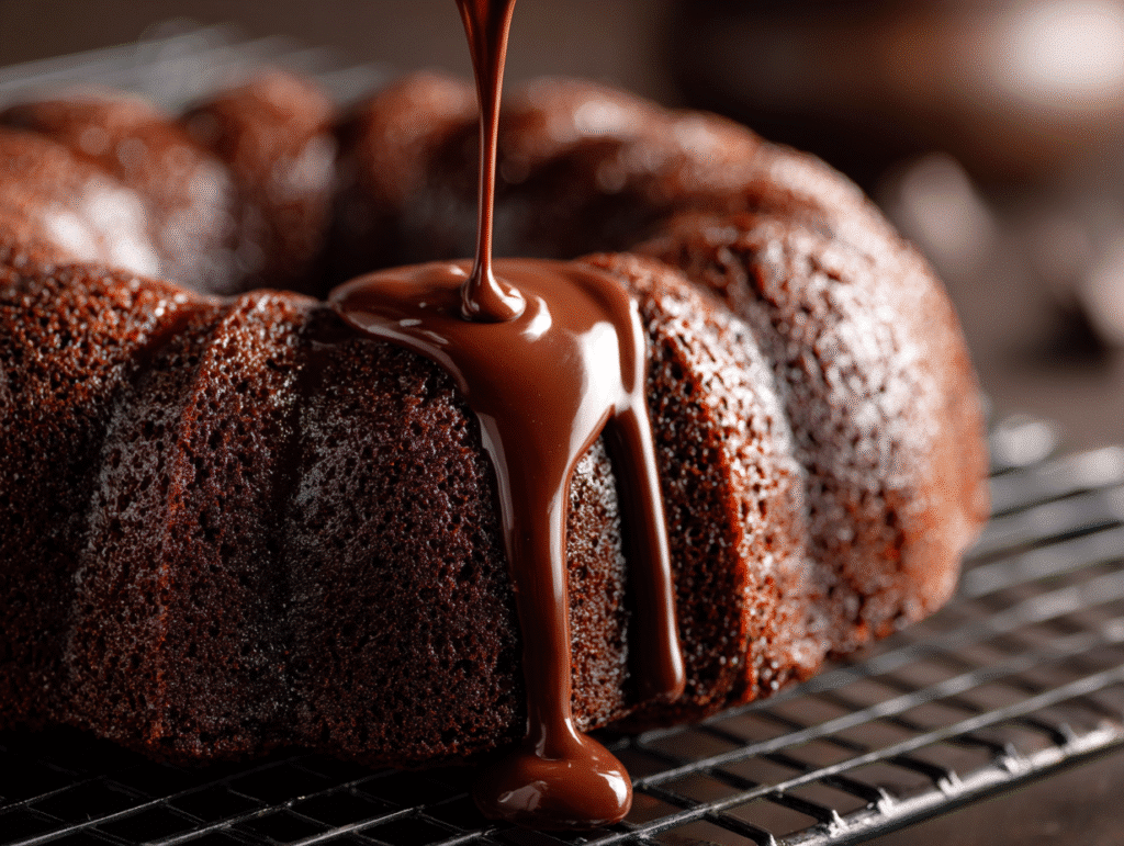 Pouring chocolate ganache over Black Forest Bundt Cak