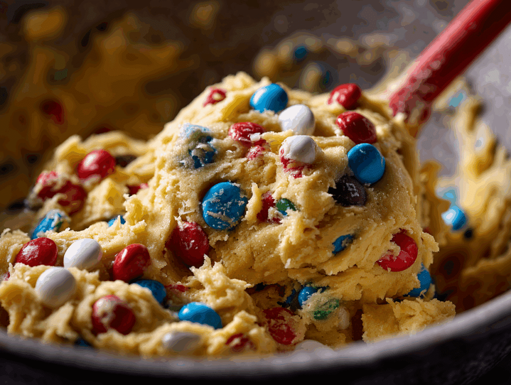 Mixed cookie bar dough with M&Ms