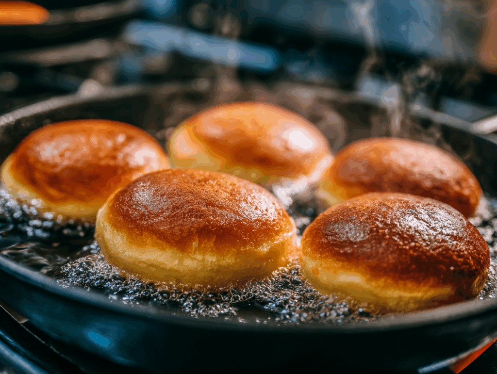 Matcha donuts frying in hot oil