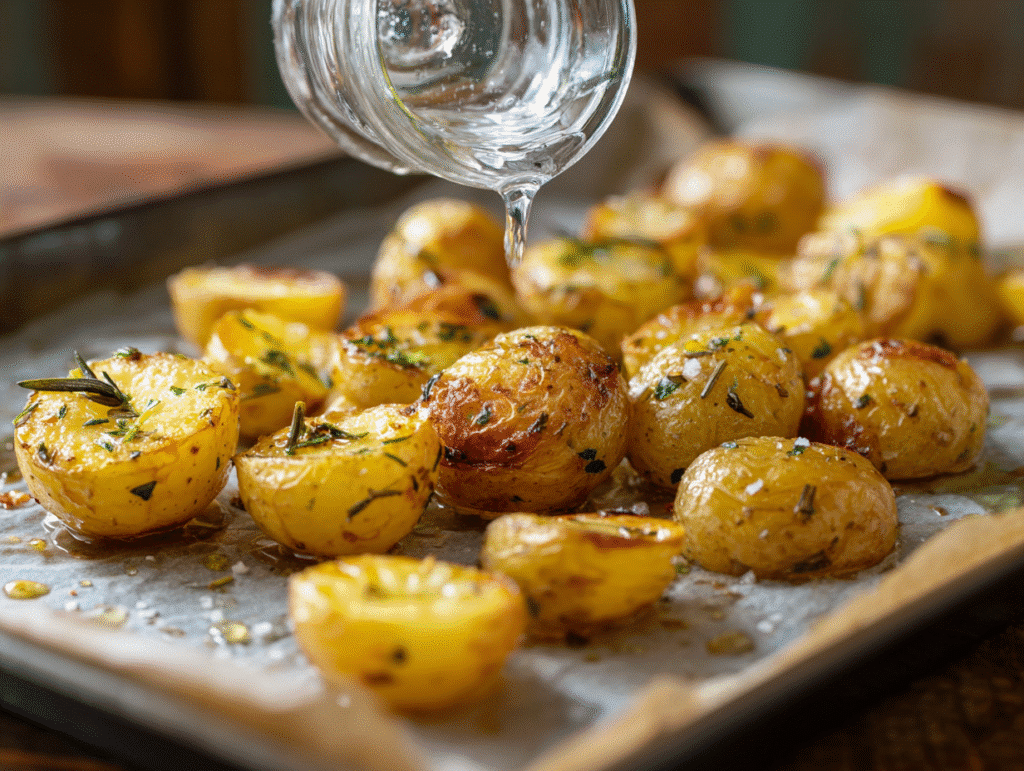 Smashing baby Yukon potatoes on tray with glass